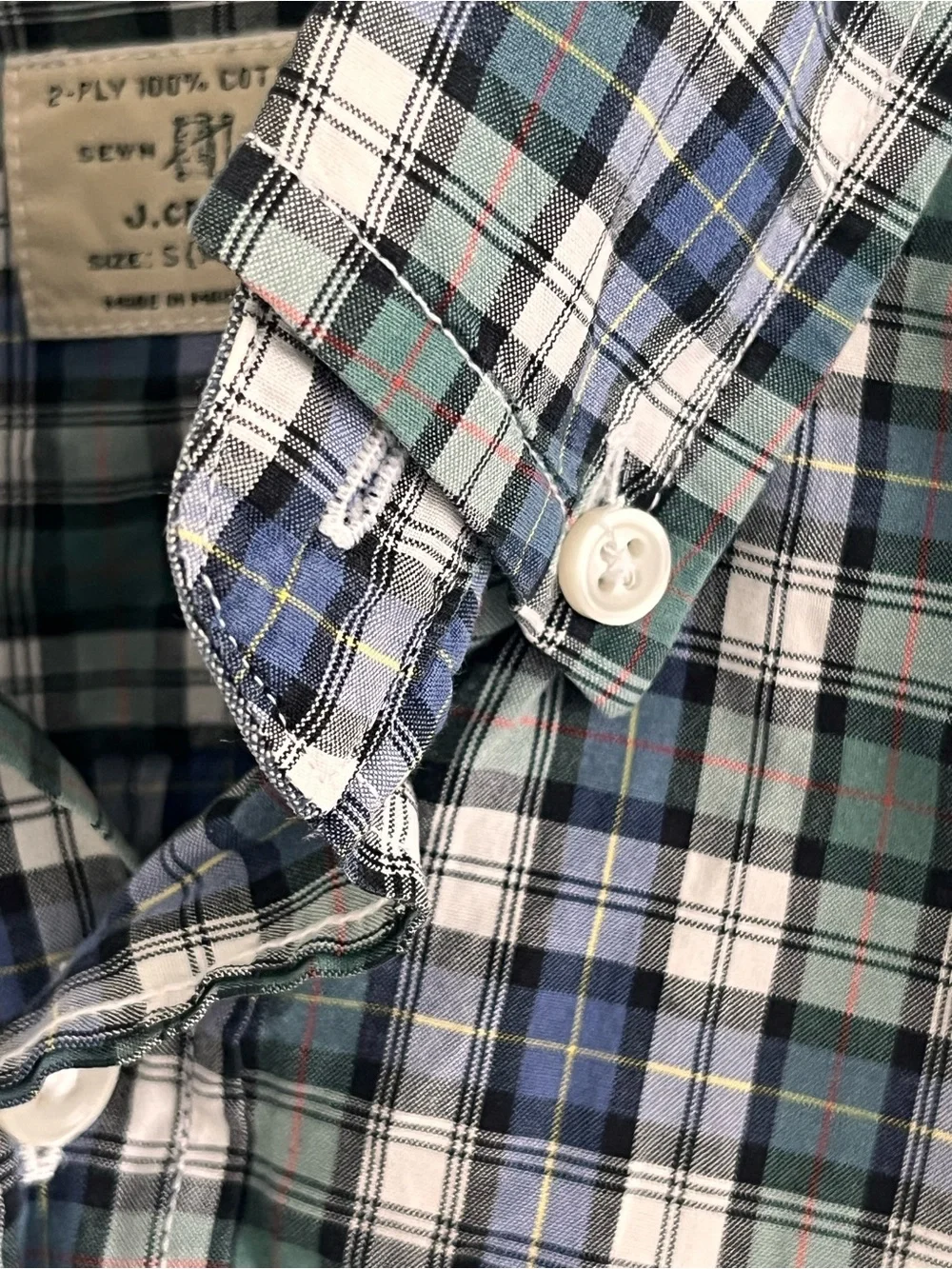 Mens J. Crew Green and Blue Plaid Cotton Button-Down Shirt Small 14-14.5 Preppy